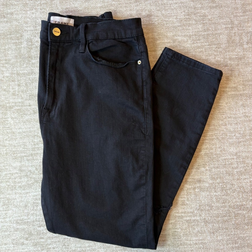 FRAME Ali High Rise Cigarette Black Distressed‎ Knee Denim Jeans Size 31 Womens